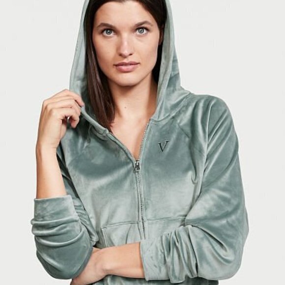 Victorias Secret Velour Hoodie Jacket X-Small Seafoam fullzip - Picture 1 of 6